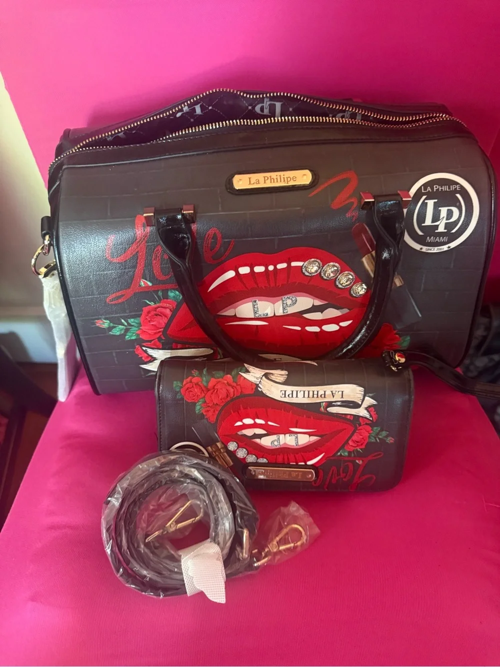 La Philipe Black Satchel with Red Lip Graphic
